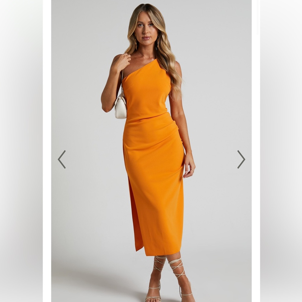 Showpo, one shoulder, midi dress with slit and zipper closure. Size 14